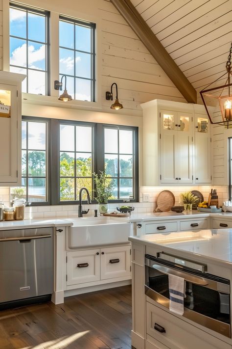 Kitchen With White Cabinets, Reclaimed Wood Kitchen Island, Coastal Farmhouse Kitchen, Rustic Wood Floating Shelves, Reclaimed Wood Kitchen, Lake House Kitchen, Farmhouse Kitchen Ideas, Wood Kitchen Island, Farmhouse Kitchen Design