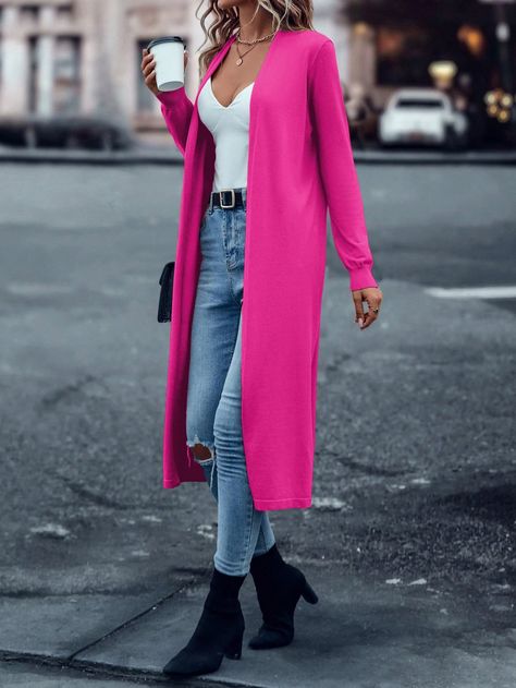 Pink Casual Collar Manga Comprida Tecido Simples  Embellished Elasticidade Baixa Pink Cardigan Outfit, Pink Jacket Outfit, Hot Pink Cardigan, Cardigan Rosa, Winter Mode Outfits, Longline Cardigan, Gilet Long, Cardigan Outfits, Cardigan Long