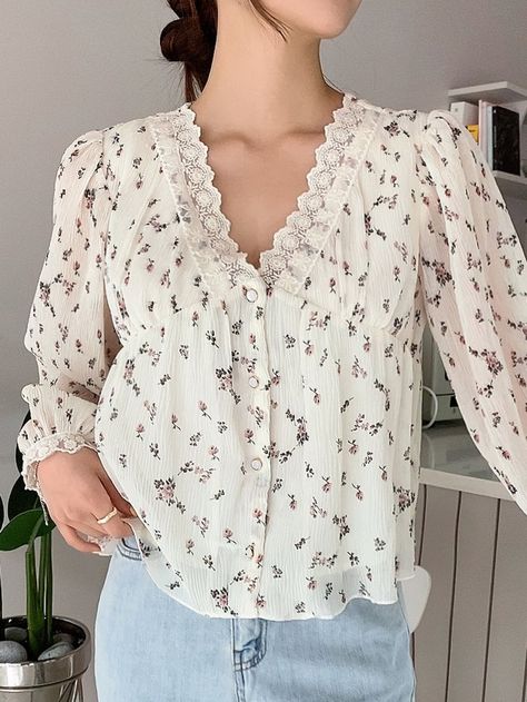 DAZY Floral Lace Trim Puff Sleeve Blouse Korean Blouse, Neckline Designs, Puff Sleeve Blouse, Fabric Floral, Women Tops, Dress Styles, Floral Blouse, Print Top, Skirt Top