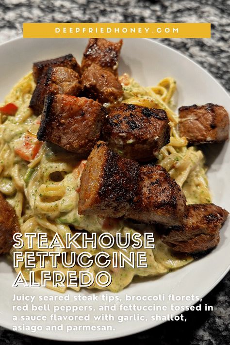 Steakhouse Fettuccine Alfredo • deepfriedhoney Steak Alfredo Pasta, Steak Alfredo, Beef Cubes, Fettuccine Recipes, Pasta Recipes Alfredo, Pasta Alfredo, Steak Tips, Cabin Trip, Fettuccine Pasta