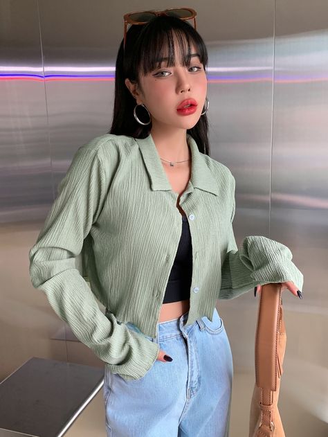 DAZY Solid Button Up Blouse Mint Shirt Outfit, Light Green Shirt Outfit, Mint Green Shirt Outfit, Green Shirt Outfits, Mint Green Outfits, Mint Green Shirts, Mint Shirt, 2024 Wardrobe, Wardrobe Capsule