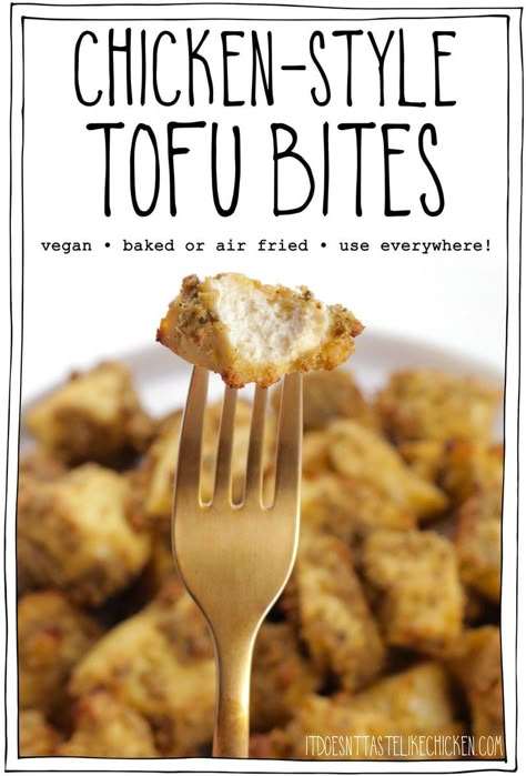 Chicken-Style Tofu Bites Tofu Chicken Parmesan, Vegan Tofu Chicken, Tofu Recipes Butter Chicken, Tofu Chicken Nuggets, Tofu Taste Like Chicken, Tofu Dishes, Baked Tofu, Vegan Main Dishes, Best Vegan Recipes