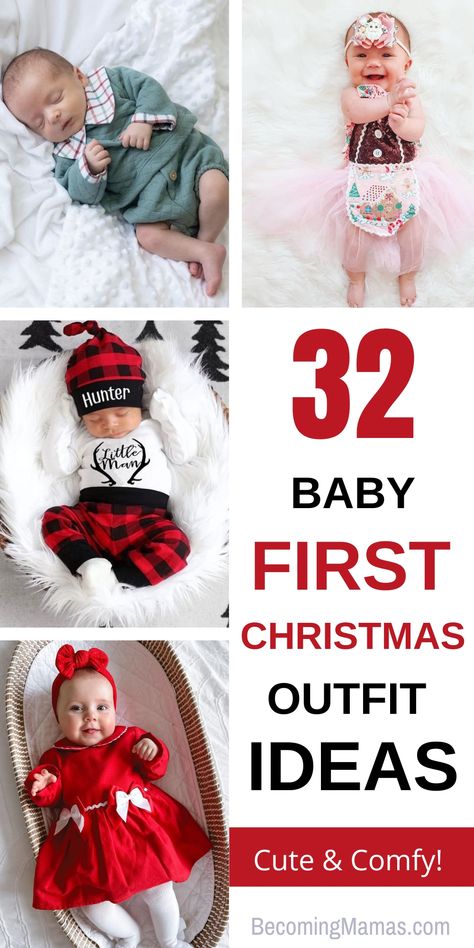 Discover 32 cute baby first Christmas outfit ideas and get inspiration for your baby's first Christmas in 2024! Cozy onesies and festive dresses - see them now! 1 Month Old Christmas Outfit, Newborn Girl Christmas Outfit, Baby First Christmas Pajamas, Baby Christmas Pajamas, My First Christmas Outfit, My First Christmas Onesie Red, Baby Boy Christmas Outfit, Boys Christmas Outfits, Toddler Christmas Gifts