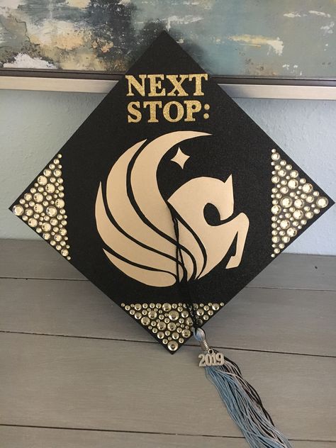 High School Graduation Cap. #UCF Ucf Party Decorations, Ucf Graduation Cap, Ucf Graduation Party Ideas, Grad Cap Decoration, Ucf Graduation, Ucf Grad, Disney Graduation Cap, Grad Hats, Disney Graduation