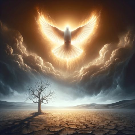 A symbolic image depicting the Holy Spirit as a radiant dove in the sky above a barren landscape. The dove, representing the Holy Spirit, is glowing with soft, warm light amidst dark, ominous clouds. Below, a lone, withered tree stands in a desolate field, symbolizing the lack of the Fruit of the Spirit. This contrast between the luminous dove and the stark landscape emphasizes the absence of... Dove In The Sky, Heavenly Paintings, Holy Spirit Images, Withered Tree, Holy Spirit Art, Holly Spirit, Barren Landscape, Holly Images, Acts 1 8