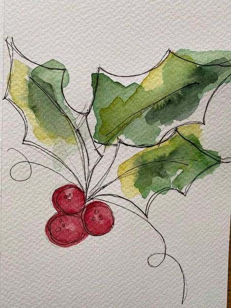 Christmas Card Inspiration Watercolour, Winter Watercolors Simple, Ink And Wash Christmas Cards, Miseltoe Drawings, Holiday Watercolor Ideas, Christmas Watercolor Cards Simple, Christmas Watercolour Card Ideas, Watercolor Greeting Cards Diy, Water Colour Birthday Cards Ideas