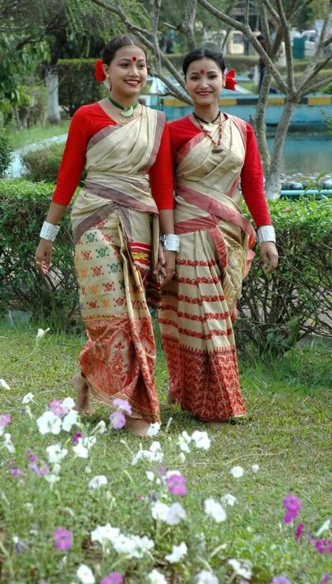 Bihu dancers in Moga Silk Sarees, #Assam #bihu #dance #traditional ... Bihu Dance, Dance Traditional, Mekhela Chador, Muga Silk, Gorgeous Saree, Amazing India, Traditional Attires, India People, Indian Dance