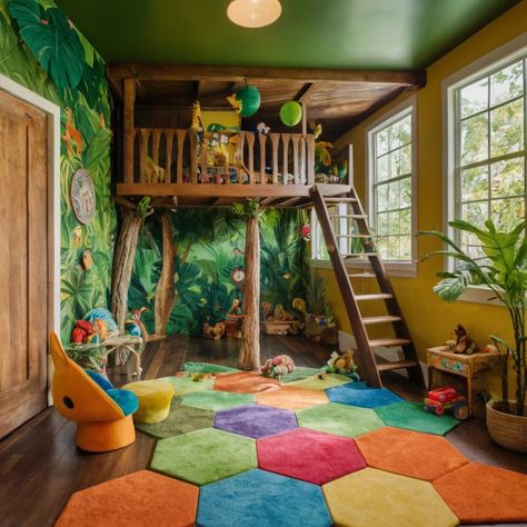 A playful jungle-themed children's playroom with a treehouse loft, jungle animal wall decals, and colorful floor mats for an adventurous and fun space. #Playroom #JungleTheme #TreehouseLoft #AnimalDecals #ColorfulMats Jungle Playroom, Jungle Treehouse, Space Playroom, Colorful Floor, Animal Wall Decals, Childrens Playroom, Jungle Animal, Jungle Theme, Jungle Animals