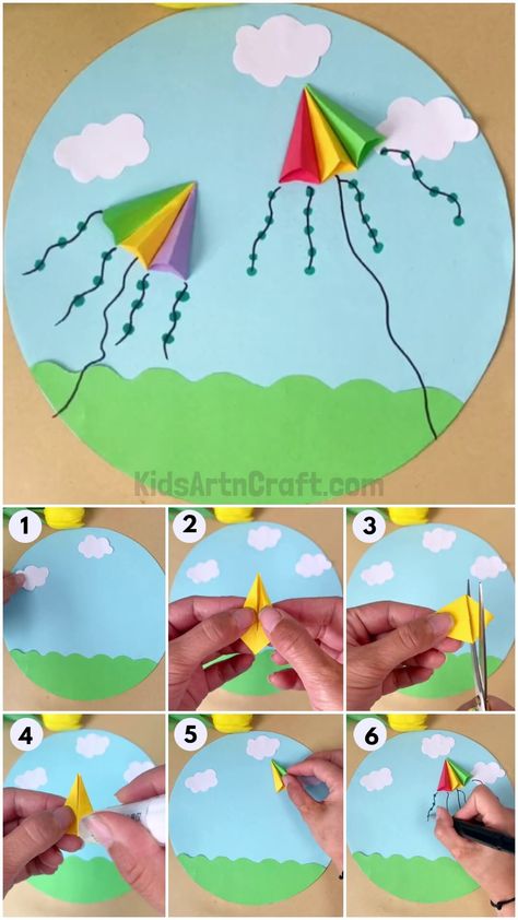 Kites Flying Paper Craft Tutorial For Kids Check more at https://www.kidsartncraft.com/kites-flying-paper-craft-tutorial/ Kite Paper Crafts, Kites Flying, Paper Kite, Flying Paper, 3d Paper Art, Paper Craft Tutorials, Kite Flying, Craft Tutorial, Kites