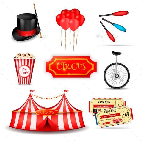 Circus set of realistic 3d icons with essential elements tickets and stripped tent images with shadows vector illustration Circus Elements, Circus Tickets, Vector Art Design, Circus Art, Circus Theme, 3d Icons, Flat Vector, Vector Illustrations, Art Plastique