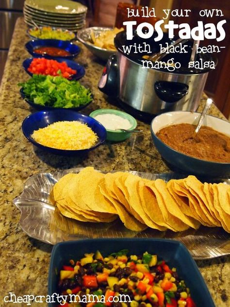 Tostada Bar Tostada Bar, Bunco Food, Soft Tortillas, Tortilla Shells, Food Bars, Food Bar, Crowd Pleasing Recipes, Table 19, Taco Bar