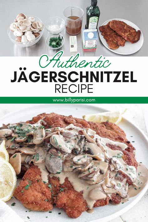 This authentic JägerSchnitzel Recipe of golden-brown pan-fried pork schnitzel is topped off with a rich, creamy wild mushroom sauce for an unbelievably tasty meal. The mushroom sauce is a fantastic addition and adds so much flavor to this meal. You will be blown away at how simple this is to prepare and how flavorful it is. Jaegerschnitzel Recipe, Southern Fried Pork Chops, Billy Parisi, Mushroom Sauce Recipe, Pork Schnitzel, Fried Pork Chops, European Recipes, European Cuisine, Wild Mushroom