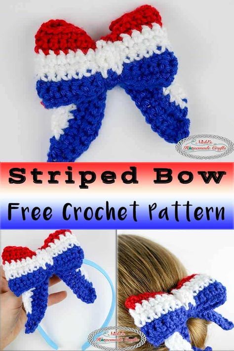 Crochet 4th Of July Patterns Free, Crocheted Bows, Hair Tie Bow, Patriotic Crochet, Crocheting For Beginners, Crochet Bow Pattern, Crochet Patterns Ideas, Bandeau Au Crochet, Crochet Holiday