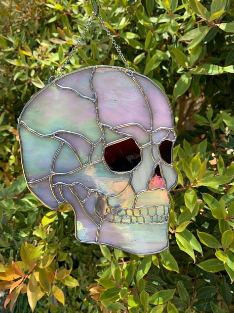 Stained Glass Skeleton, Skull Stained Glass Art, Mushroom Stained Glass Art, Stained Glass Skull Patterns, Stained Glass Patterns Beginner Simple, Gothic Stained Glass Art, Goth Stained Glass Art, Dark Bohemian Decor, Stained Glass Gothic