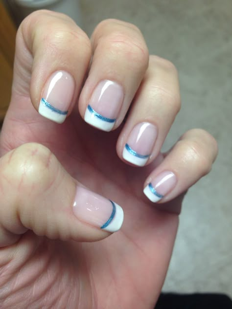 French manicure with blue accent line French Manicure With Color Line, French Nails With Blue Accent, French Manicure With Blue Accent, Beach French Manicure, Cruise Manicure, French Manicure With Blue, French Manicure Blue, Wedding Nail Inspiration, French Manicure Toes