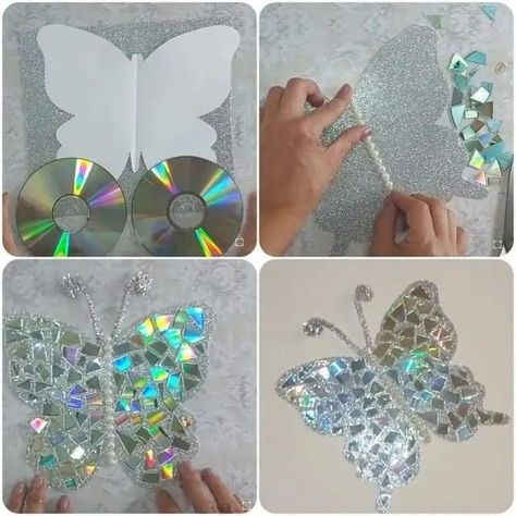 Butterfly Wall Art Diy, Cd Crafts Diy, Art Cd, Old Cd Crafts, Cd Idea, Decorative Butterfly, Cd Diy, Diy Wings, Mosaic Flower Pots