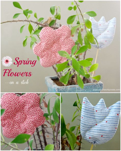 fabric flowers on a stick tutorial . These are perfect for mother's day! Fabric Tulips Tutorial Free Pattern, Tulip Tutorial, Fabric Tulips, Folded Fabric, Fabric Flower Tutorial, Quilt Sewing Patterns, Crochet Hook Set, Machine Embroidery Projects, On A Stick