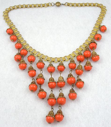 Miriam Haskell Orange Glass Bead Bib Necklace - Garden Party Collection Vintage Jewelry Miriam Haskell Earrings, 1940s Jewelry, Czech Jewelry, Miriam Haskell Jewelry, Orange Jewelry, Beaded Bib Necklace, Walmart Jewelry, Vintage Jewelry Art, Mid Century Jewelry