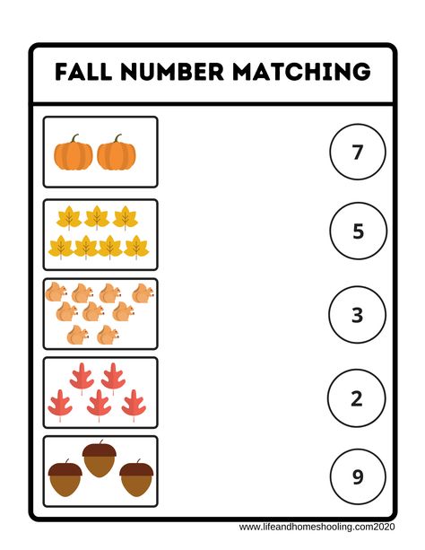 FREE pages available!! Click here and print free samples of our kindergarten matching number activity worksheets fall themed. Math Worksheets Preschool, Fall Math Worksheets, Fall Worksheets, Preschool Fall, Numbers Worksheets, Homeschool Preschool Activities, Fall Preschool Activities, Matching Worksheets, Fall Math