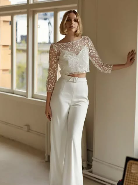 trouser bridal separates sequin long sleeve bridal top and white trousers.  Top tips for planning your summer wedding, summer wedding ideas. Bridal Crop Top, Winter Wedding Fashion, Winter Wedding Dresses, Summer Wedding Dresses, Winter Wedding Outfits, Wedding Dress Outfit, Lace Bolero, Bridal Tops, Bridal Jumpsuit