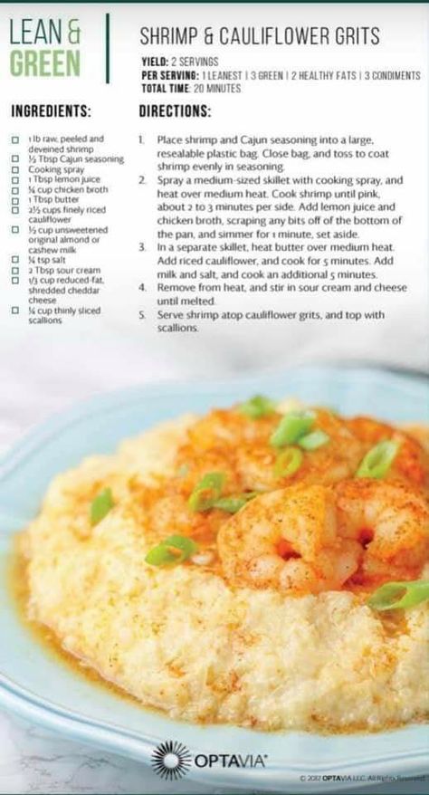 Cauliflower Grits, Lean Dinners, Optavia Lean And Green Recipes, Optavia Lean And Green, Lean Protein Meals, Lean And Green, Shrimp And Grits, Lean Meals, Green Recipes