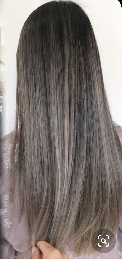 Brunette Ash Highlights, Gray Ash Brown Hair, Black Hair Grey Highlights, Ash Brown Balayage On Black Hair, Asian Hair Balayage Ash, Ombre Hair Color For Black Hair, Ash Blonde Balayage Brunette, Melted Balayage, Ashy Brown Hair Balayage