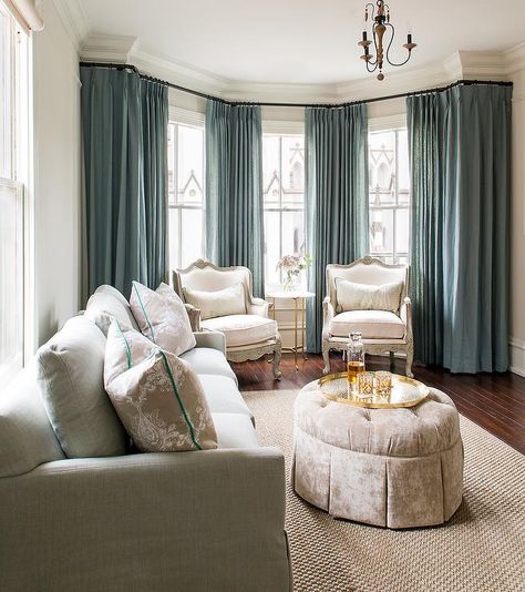 Blue and Grey Living Room Design, Transitional, Living Room Living Room Designs Transitional, Blue And Grey Living Room, Grey Curtains Living Room, Brown And Blue Living Room, Bay Window Living Room, Gray Living Room Design, Brown Living Room Decor, Grey Living Room, Leather Living Room Furniture