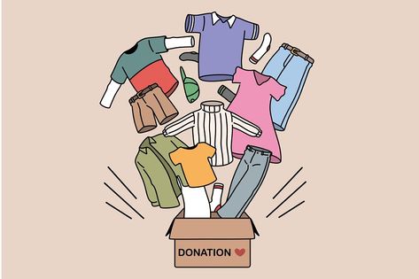 Charity and donating clothes concept. Box with donation word and carious human clothes flying from it for needing people vector illustration Charity Art, Charity Donation Aesthetic, Clothes Donation Poster, Clothes Donation, Donation Poster, Donate Clothes Poster, Donations Poster, Donate Illustration, Charity Illustration