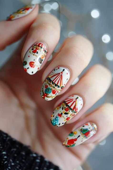 Midjourney AI Image: nail art of merrygoround,amusement park nails,🎡🎠 --ar 2:3 --style raw --v 6.0 → more in ai-img-gen.com Circus Nails Designs, Circus Nails, Carnival Nails, Colorful Ornaments, Fabric Background, Dark Fabric, Tent Design, Circus Tent, Nails 2024