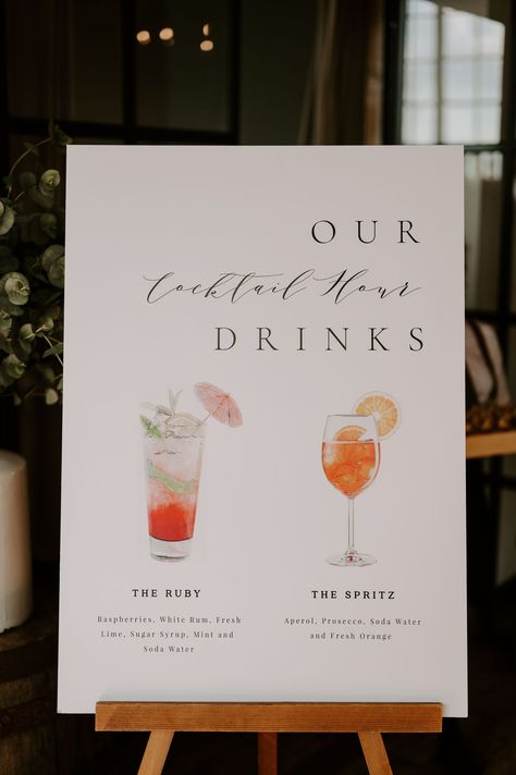 Modern wedding signage complete with watercolour illustration of cocktails Cocktail Hour Wedding Sign, Wedding Ideas Cocktail Hour, Wedding Welcome Cocktail, Modern Wedding Signage, Cocktail Sign Wedding, Modern Signage, Champagne Spray, Rustic Wedding Signage, Wedding Sign Modern