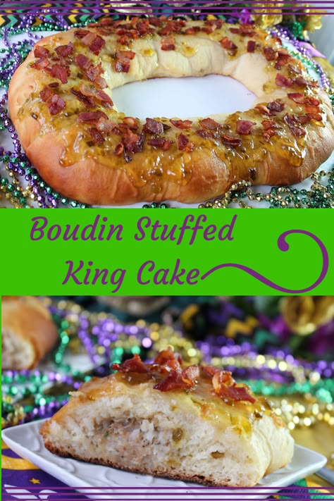 This savory king cake is traditionally served during Mardi Gras but it can be enjoyed any time a year. It is great for any type of gathering. #kingcake, #Boudinkingcake,#boudin Boudin Recipes, Boudin King Cake, Boudain Recipes, King Cake Bites, King Cake Recipe Easy, New Orleans King Cake, Savory Rolls, King Cake Recipe, Louisiana Cooking