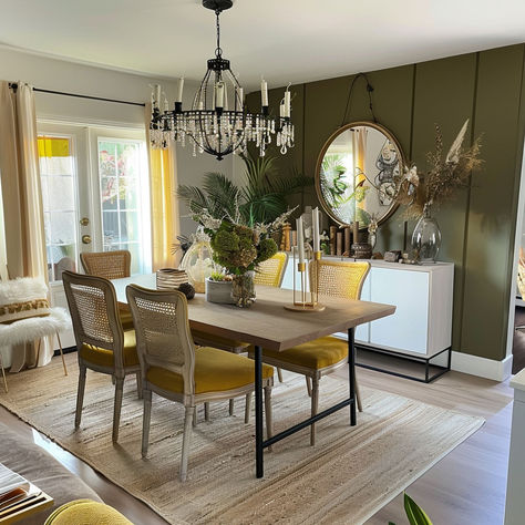 13 Colors That Go With Green in Your Home Olive Green Dining Room Walls, Olive Green Dining Room, Green Dining Room Walls, Light Yellow Walls, Yellow Dining Room, Dining Room Wainscoting, Green Dining Room, Yellow Walls, Dining Room Walls