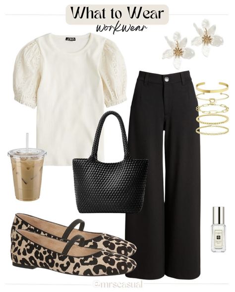 Classic Summer Work Outfits, Black And White Spring Outfits, Leopard Mary Janes Outfit, Summer Outfits Office Casual, Animal Print Flats Outfit, Casual Work Outfits Summer Office Wear, Leopard Print Shoes Outfit, Leopard Shoes Outfit, Alys Fowler