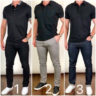 Which way would you wear it❓1, 2, or 3❓🤔 A black polo and 1) black jeans, 2) gray chinos, or 3) dark blue jeans❓ Let me know what you think❗️🗣👂🏼 All sneakers from @greatsbrand Black polo 1 from @bananarepublicmens Black polo 2 & 3 from @jachsny Outfit Hombres, Business Casual Outfits For Men, Best Business Casual Outfits, Stil Masculin, Guy Fashion, Mens Business Casual Outfits, Formal Men Outfit, Casual Dressing, Mens Casual Outfits Summer