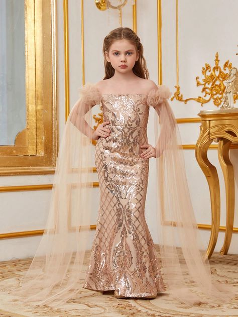 Champagne Party Collar Extra-Long Sleeve Sequins Floral Bodycon Embellished Slight Stretch  Tween Girls Clothing Girl Dress Patterns Wedding, Mesh Sleeve Dress, Dress Soiree, Girls Sequin Dress, Simple Frocks, African Dresses For Kids, Champagne Party, Wedding Dress Patterns, Kids Dress Patterns