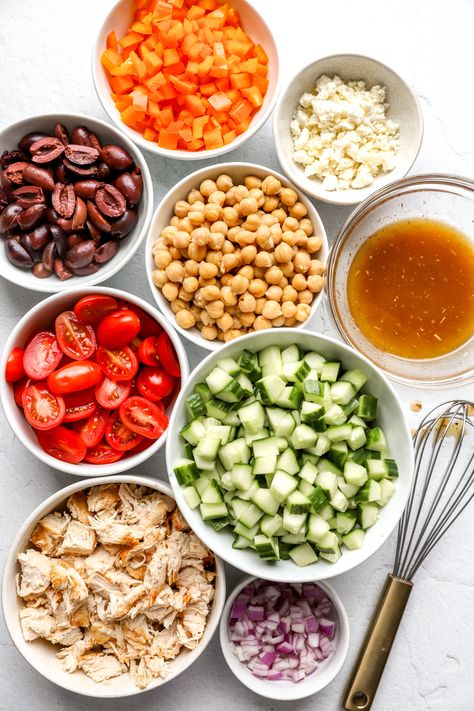 Chicken and Chickpea Salad Chickpea Chicken Salad Food Dolls, Chick Pea Salad Recipes With Chicken, Chicken Chickpea Salad Recipe, Chickpea Chicken Salad Recipes, Chicken Chickpea Salad, Chicken And Chickpea Salad, Paleo Chicken Marinade, Chickpea Chicken Salad, Chicken Salad Bowls