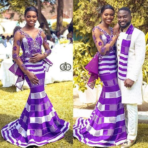 Beautiful Ghanaian Model Wendy Harly Ties The Knot; See Traditional Wedding Pics Here Kente Dresses, African Wedding Hairstyles, Ghana Dresses, Ghana Style, Couples African Outfits, Kente Fabric, Ghana Wedding, African Wedding Attire, Kente Dress