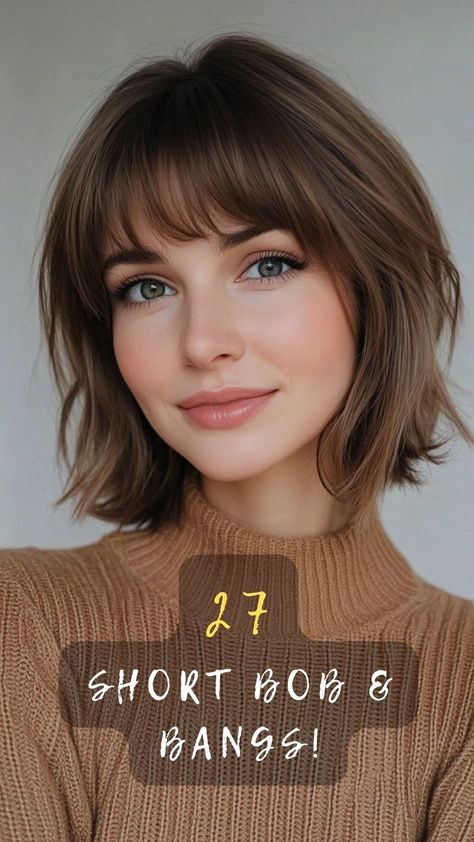 Transform your look with these 27 short bob hairstyles with bangs! Find the perfect style to frame your face and enhance your features. Click to discover how to rock a short bob with flair!✂️👩 #ShortBobWithBangs #HairstylesToLove #FaceFraming #FeatureEnhancing #RockTheLook Short Hair Fringe Bangs Round Face, Bob With Bangs Long Face, How To Style Short Hair Bob With Bangs, Short Layered Haircuts Bangs, Short Face Framing Bangs, Short Bob With Bangs And Layers, Face Framing Layers With Bangs Short, French Bobs With Bangs, Soft Bob With Bangs