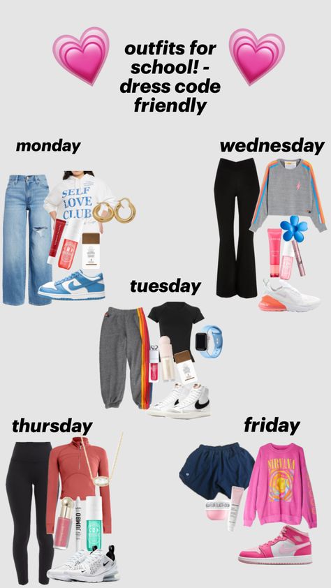 outfits for school! i hope these fit your dress code too!! 💗🩷💗 #shufflefyp #inspo #skincare #outfit #preppy #outfitinspo #beauty Outfit Ideas For School Spring, Outfit Ideas For School Dress Code, Shuffles Outfits, Outfit Inspo School, Dress Code Outfits, Outfit Ideas School, Aurora Fashion, School Dress Code, Preppy Outfits For School