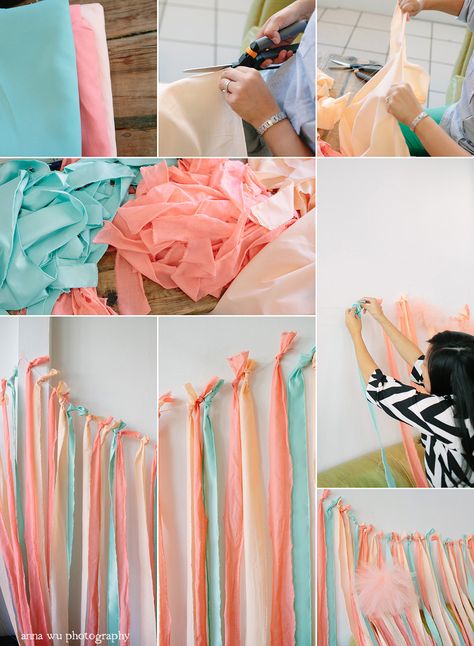 DIY Fabric Ribbon Backdrop Tutorial | Pointe of View Party by Anna Wu Photography Ribbon Backdrop, Backdrop Fabric, Diy Birthday Banner, Diy Wedding Backdrop, Ribbon Diy, Diy Photo Booth, Diy Banner, Canopy Design, Diy Backdrop