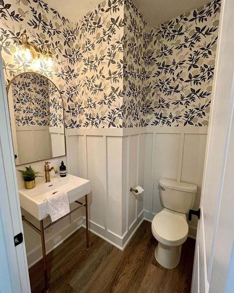 Wallpaper Above Board And Batten, Small Bathroom Wainscoting Ideas, Board And Batten Bathroom, Bathroom Wainscoting Ideas, Batten Bathroom, White Board And Batten, No Wallpaper, Bathroom Wainscoting, Small Bathroom Wallpaper