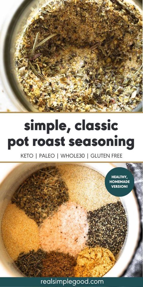 A classic pot roast seasoning you can whip up in about 2 minutes, you'll love the flavor this DIY seasoning mix brings to any pot roast! As a bonus, it's a great everyday seasoning mix you can use on just about anything from steak, fish, potatoes, eggs and more! | Real Simple Good via @realsimplegood Diy Mccormick Pot Roast Seasoning, Roast Beef Seasoning, Paleo Pot Roast, Fish Potatoes, Roast Seasoning, Pot Roast Sandwiches, Pot Roast Seasoning, Classic Pot Roast, Beef Roast