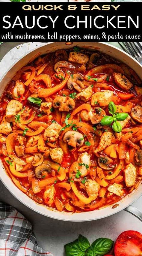 Saucy chicken bites tossed with mushrooms, peppers, onions, and pasta sauce. Diethood Recipes, Chicken Puttanesca, Chicken Italian, Saucy Chicken, Sweet Onions, Sweet Bell Peppers, Stove Top Recipes, Easy Weeknight Dinner, Chicken Stuffed Peppers