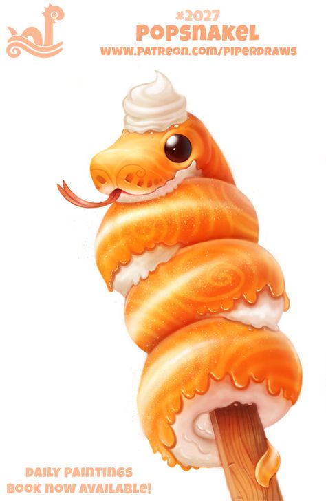 Daily Paint 2027# Popsnakel, Piper Thibodeau on ArtStation at https://www.artstation.com/artwork/vgbPY Cute Food Animals, Cryptid Creations, Akvarel Illustration, Piper Thibodeau, Fruit Animals, Animal Food, Animal Puns, Cute Reptiles, Cute Snake