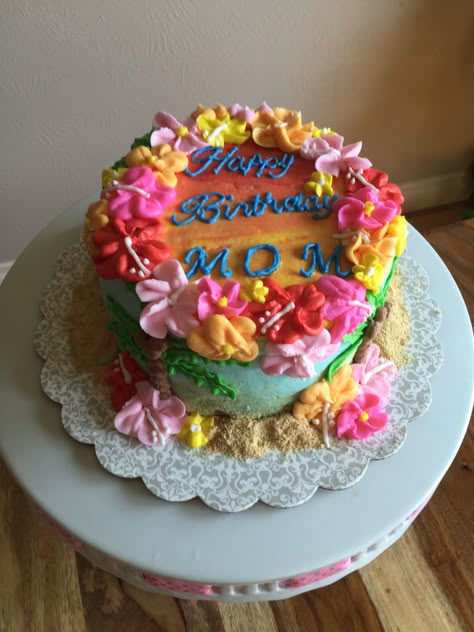 Hawaiian sunset with palm trees, sand, & flowers, all buttercream Hawaiian Birthday Cake Simple, Hawaiian Cake Ideas, Hibiscus Flower Cake, Hawaiian Birthday Cake, Summer Cake Ideas, Luau Birthday Cake, Hawaiian Theme Cakes, Sunset Cake, Hawaiian Birthday Cakes