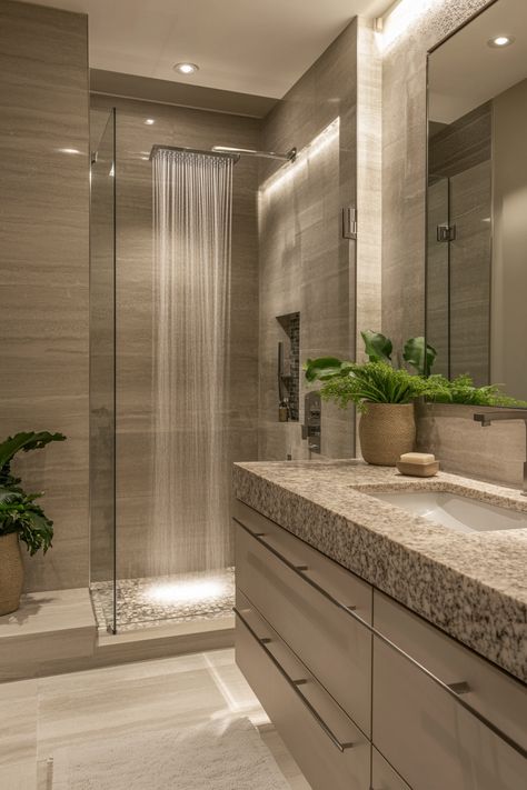 Discover luxurious modern bathroom ideas with sleek finishes and a refreshing rain shower. Transform your space with clean lines and natural touches like greenery for a serene retreat. #ModernBathroomIdeas #HomeDecor #BathroomDesign Ensuite Bathroom Ideas Master Bedrooms Floating Shelves, Slanted Wall Bathroom Ideas, Plant Shower Ideas, Contemporary Shower Tile Ideas, Bathroom Privacy Screen, Modern Half Bathroom Design, Bathroom Rain Shower Ideas, Onyx Shower Ideas Color Schemes, White Bathrooms With Pop Of Color