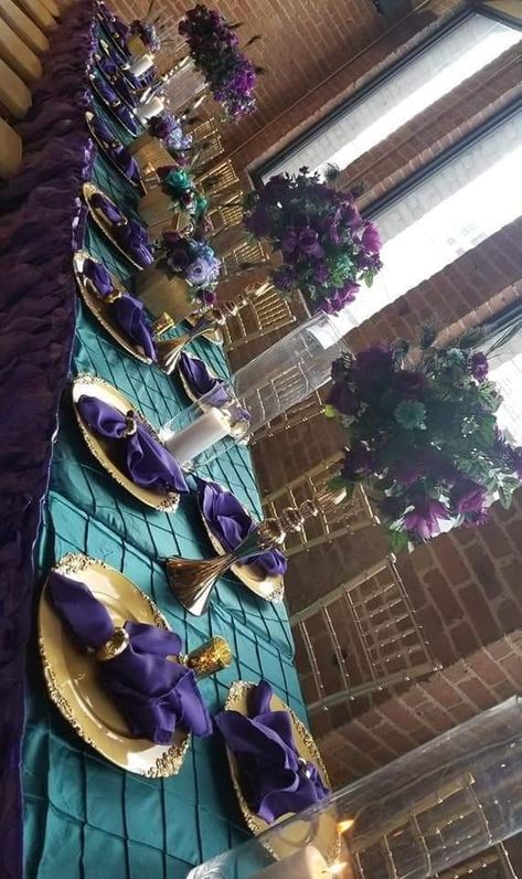 Emerald Green And Purple Quinceanera Theme, Purple Party Ideas For Adults, Purple Green And Gold Party Decorations, Purple And Green Table Setting, Emerald Green And Purple Wedding Decor, Royal Purple And Emerald Green Wedding, Emerald And Purple Wedding, Emerald Green And Purple Wedding, Mehndi Theme