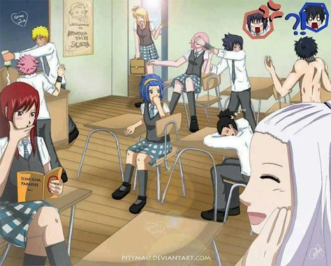 Okay! Tell me a story along this picture line wouldn't be funny to read! Naruto and Fairy Tail!! Naruto X Fairy Tail, Tokyo Ghoul Uta, Fan Art Anime, Sakura Sasuke, Fairy Tail Family, X Male Reader, Fairy Tail Ships, Love Fairy, Anime Fandom