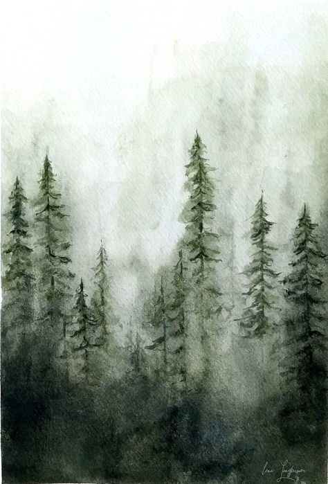 Grey Forest Painting, Forest Drawing Watercolour, Dark Forest Watercolor, Woods Watercolor, Forest Sketch, Forest Landscape Painting, Coniferous Forest, Yellow Forest, Pine Tree Painting