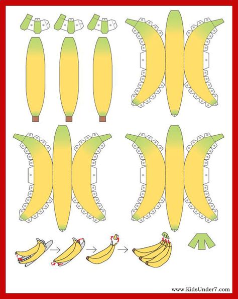 These fruits are made from paper. You can make bananas, pineapple, strawberry ,oranges , and other great-looking fruit. Banana Crafts, 3d Templates, Paper Fruit, Fruit Crafts, 3d Craft, Papercraft Templates, 3d Paper Crafts, 3d Paper, Paper Toys